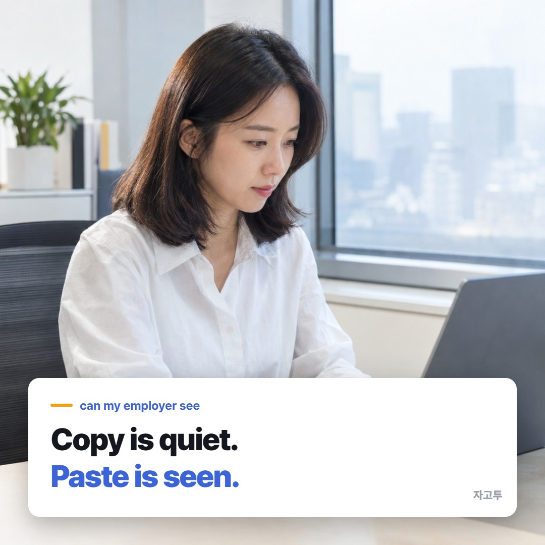 An office worker at a company laptop, a phone face down on the desk