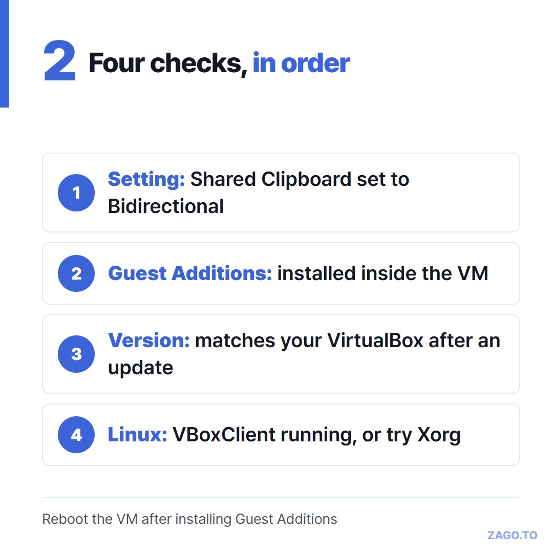 Four checks for VirtualBox shared clipboard
