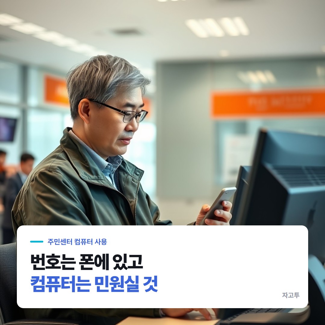 주민센터 민원실 컴퓨터 앞에서 폰을 보는 장면