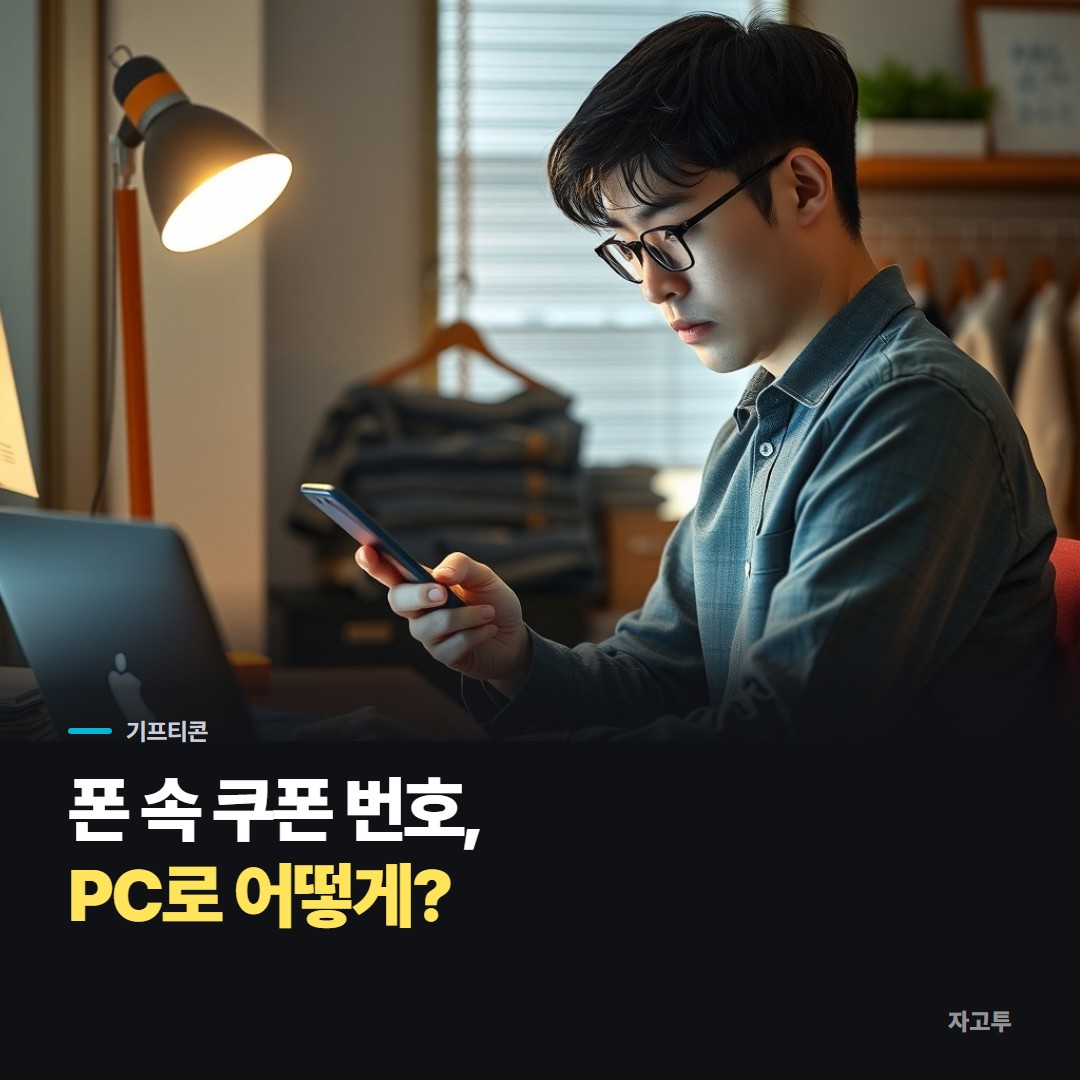 폰 속 쿠폰 번호를 보며 노트북으로 주문하려는 사람