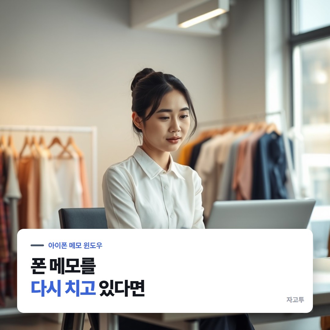 회사 책상에서 아이폰 메모를 보며 노트북에 옮겨 적는 장면