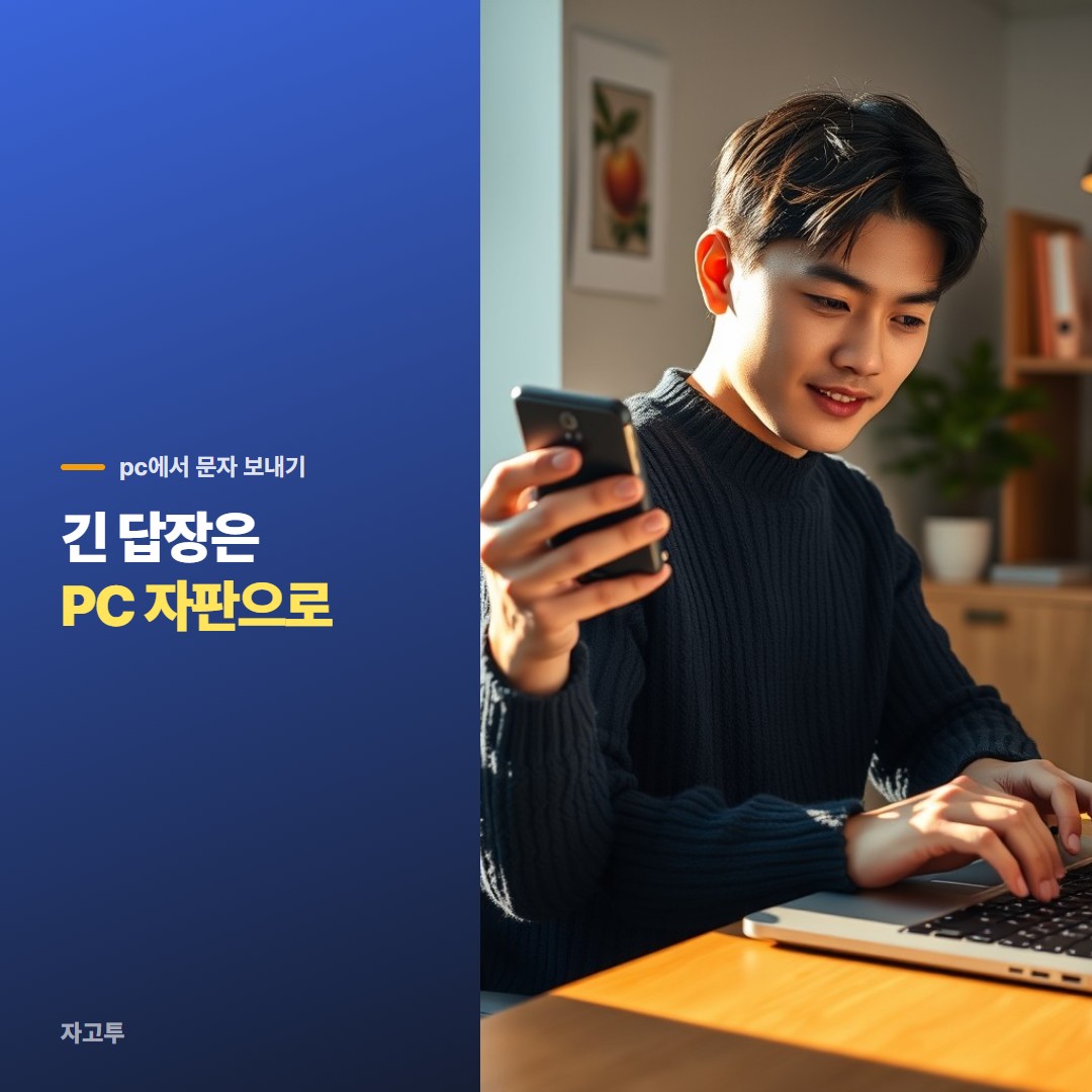 책상에서 PC 화면과 휴대폰 문자를 함께 보는 사람