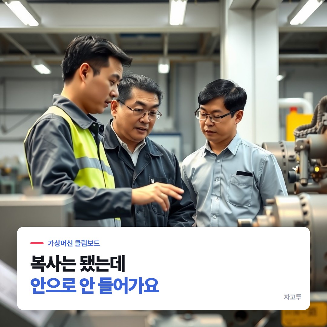 가상머신 창과 바깥 윈도우 사이에서 복사가 안 돼 화면을 보는 장면